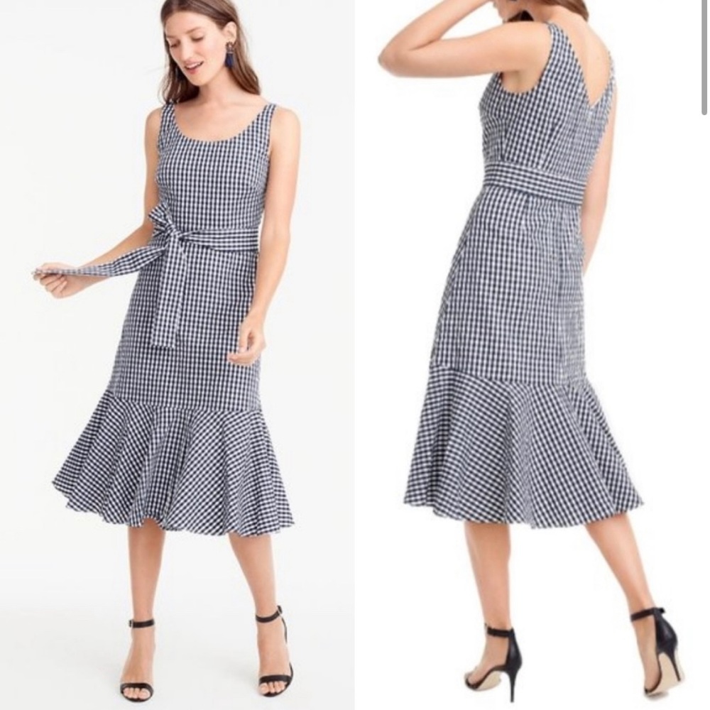 J.Crew Gingham Ruffle Hem Tie Waist Midi Dress
